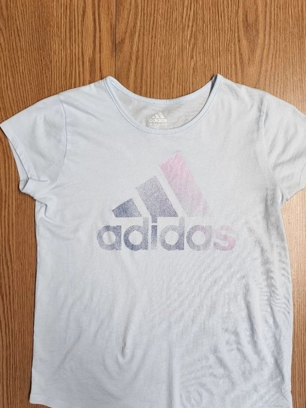 adidas Girls Sz 14 Short Sleeve Scoop Neck T-shirt Rainbow Badge of Sport Logo